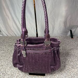 Vintage Brighton Women's Purple Leather Shoulder Bag w/ Pleats & Side Pockets